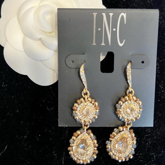 NEW INC Gold CZ and Gem Large Dangle Earrings (INXX006) - Picture 2 of 3